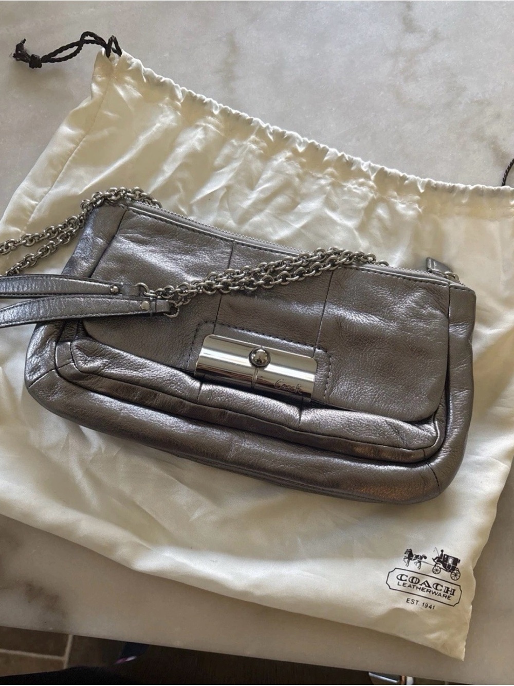COACH Metallic Pewter Leather Shoulder Bag with Chain Strap Authentic